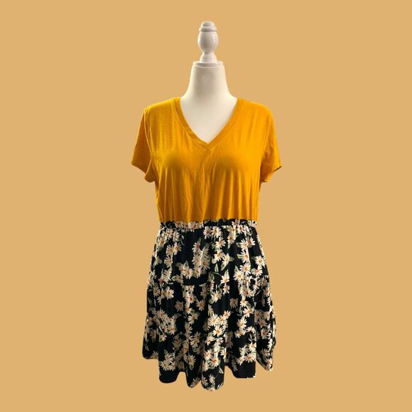NWT XL mustard yellow daisy soft Mash-Up Upcycled Reworked skirt dress - Picture 1 of 1